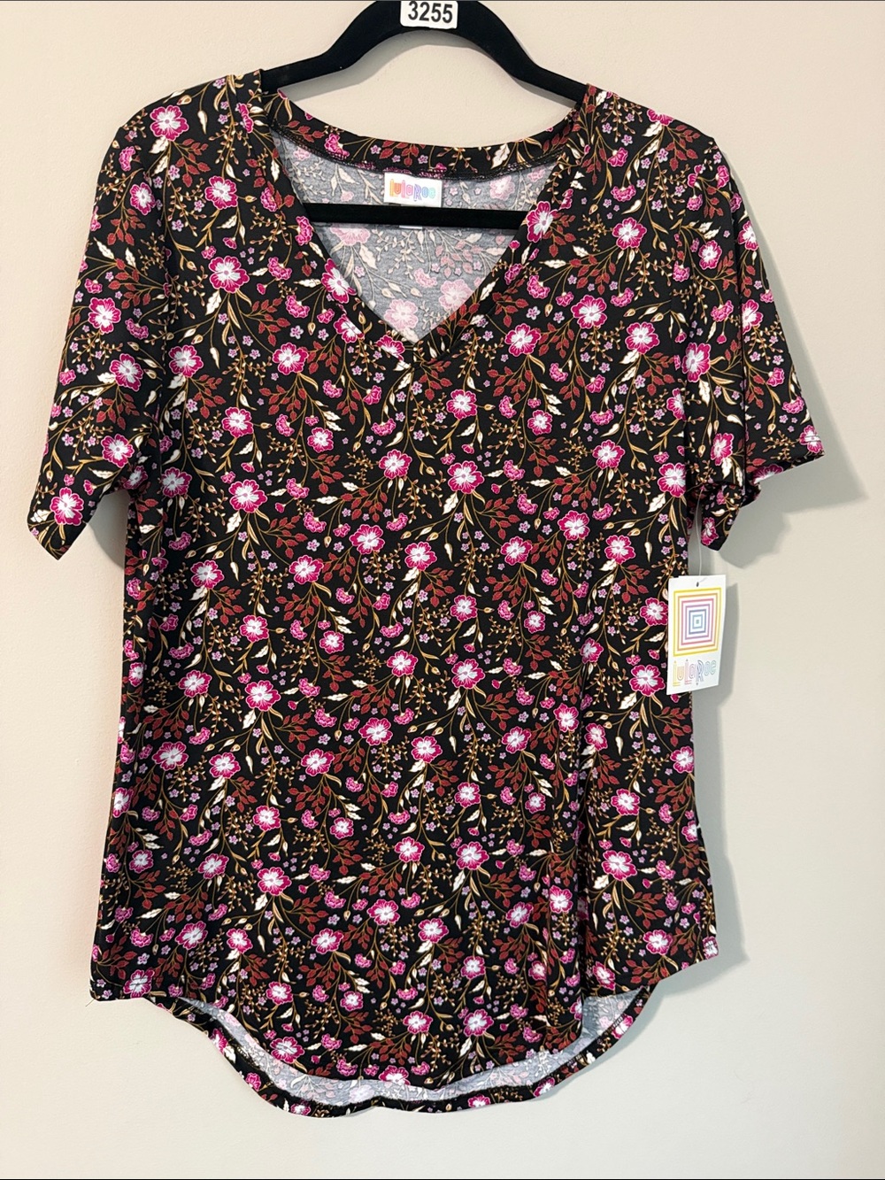 LuLaRoe V-Neck Short Sleeve Tee in Black, Pink and Brown Floral